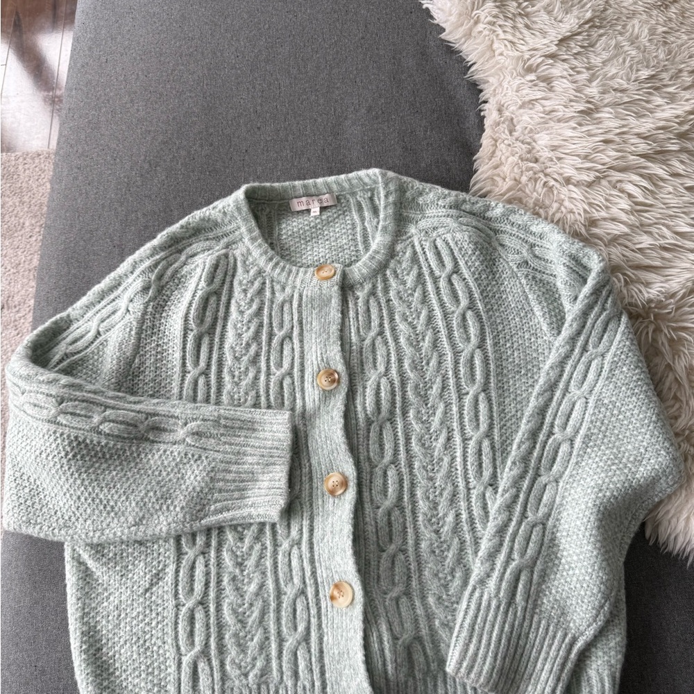 Cable-Knit Button Front Cardigan in Mint Green
